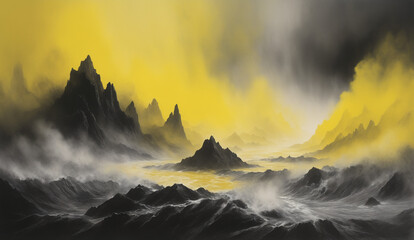 Yellow and black mountain art illustration - obrazy, fototapety, plakaty