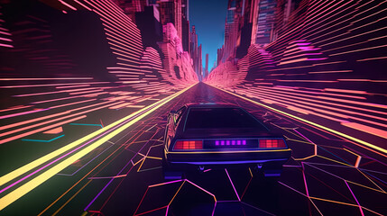 Car ride on the neon road in 80s retro synthwave style. - 795552396