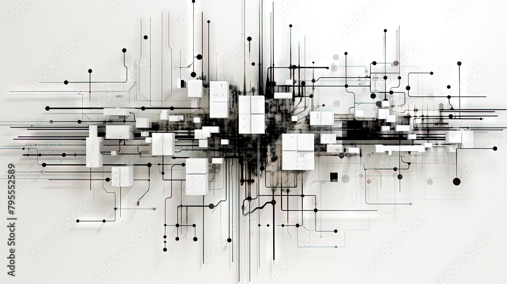 Poster abstract circuit board concept with black track lines on white background.