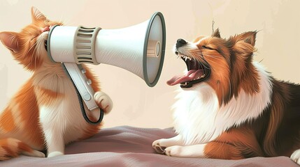 the cat screams into the megaphone in the dog's ear when the dog is sleeping - obrazy, fototapety, plakaty