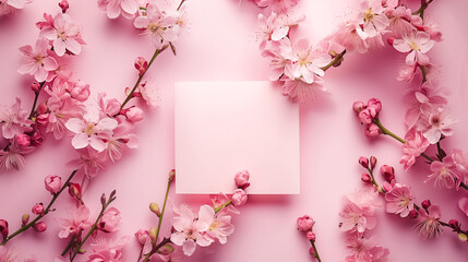 Delicate flower petals arranged on a pink table with space for text.