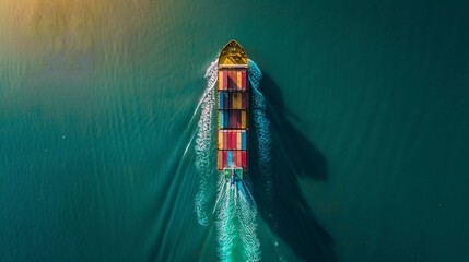 Cargo Colossus: A Bird's-Eye View of a Cargo Ship with Multicolored Containers at Sea - obrazy, fototapety, plakaty
