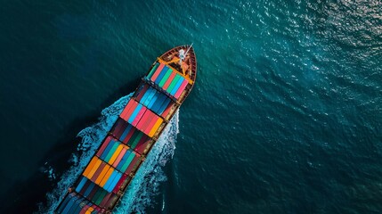 Cargo Colossus: A Bird's-Eye View of a Cargo Ship with Multicolored Containers at Sea