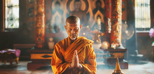 Buddhist Monk in deep meditation, surrounded by burning candles, in etting of a traditional Buddhist temple. Religion, traditional eastern meditation, prayer, spiritual practice
