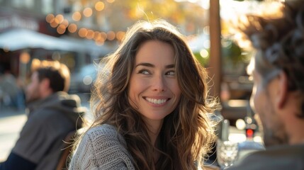 Bonding relationship. Interested excited falling in love mature woman listening to her husband man boyfriend while drinking coffee in restaurant cafe on a date