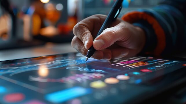 Creative Professional Using Advanced Digital Tablet for Graphic Design in a Modern Workspace Illuminated by Ambient Lights