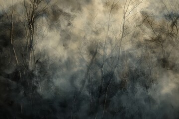 Wisps of fog in a misty woodland