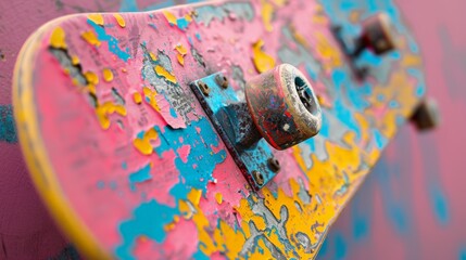 Close-Up of a Vibrantly Painted Skateboard Deck with Peeling Layers and Weathered Trucks on a...