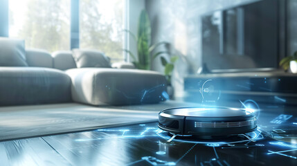 A high-tech robot vacuum cleaner projects a holographic interface into a modern living room, symbolizing innovation in smart home. Smart home system in everyday use, cleaning and cleanliness