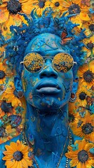 Obraz premium Blue Painted Individual with Reflective Sunglasses Against a Sunflower Background: A Vivid Artistic Statement