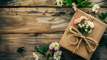 An ecologically hand-wrapped gift, placed on a wooden table among spring flowers, tied with a string with a flower. Mother's Day, gift, giving, wood, love.