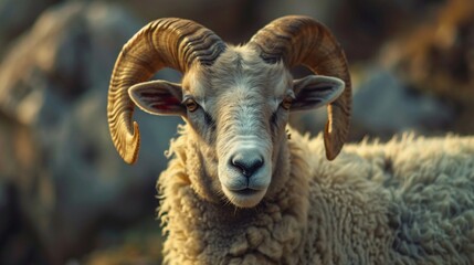 close up of a ram, portrait of a horned sheep. Generative AI