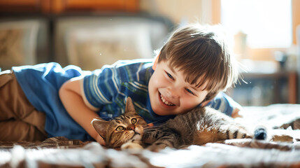 A smiling boy in a blue T-shirt enjoys tender moments with his pet cat. The concept of love for animals, people’s attitude towards animals, feeding and caring for them