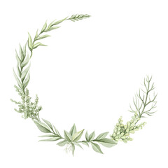 Round oval composition frame with vintage green twigs and leaves vegetation composition isolated on white background. Watercolor hand drawn illustration sketch