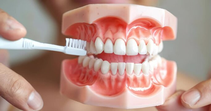 Hands holding toothbrush over teeth model, demonstrating dental care tips