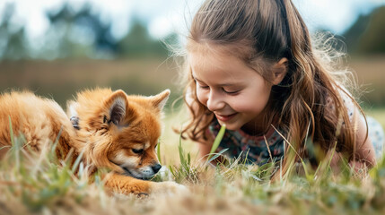 A smiling girl enjoys tender moments with a little puppy, lying on the green grass. Concept of love for animals, friendship and relationship between children and dogs