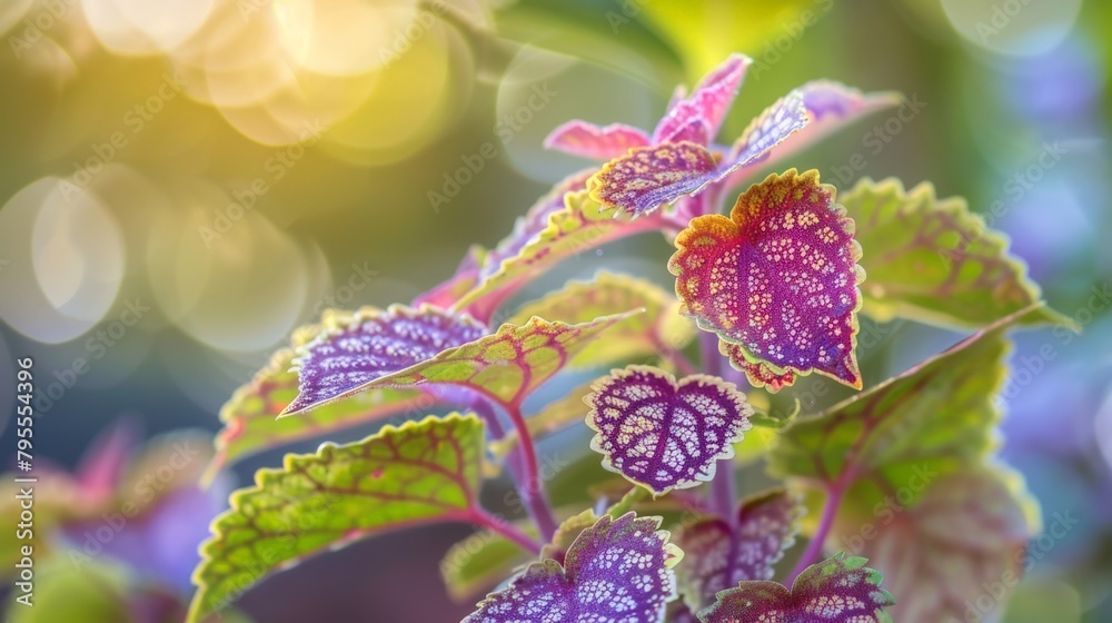 Canvas Prints Purple and green leaves on yellow background