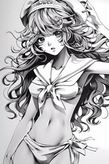 Close up photo 4k image. manga art images. anime illustration. long curly hairstyle. long hair fluttering in the wind. bikini with sailor collar - obrazy, fototapety, plakaty