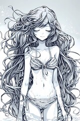 Close up photo 4k image. manga art images. anime illustration. long curly hairstyle. long hair fluttering in the wind. bikini with sailor collar - obrazy, fototapety, plakaty