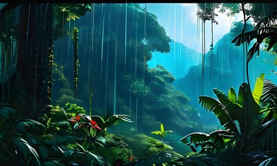 Illustrations depict a vibrant, lush rainforest under heavy monsoon rains, showing the serenity of nature and the lush life of the rain-soaked jungle. Generative AI - obrazy, fototapety, plakaty