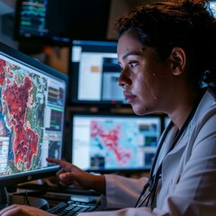 A woman in a white lab coat is pointing at a computer screen displaying a map of