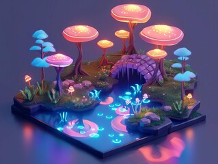 mystical glowing mushrooms in a surreal landscape with a glowing moon and a crystal clear pond