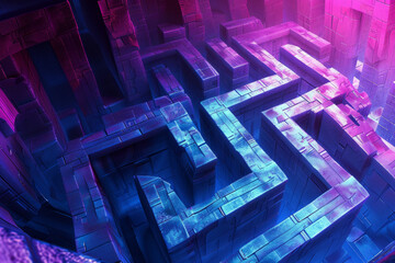 A labyrinthine maze of interconnected pathways and portals, illuminated blue and magenta colors. 