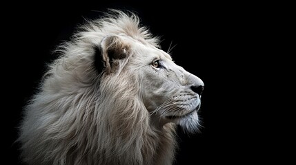 the close-up view of the white lion against a dark background. Generative AI