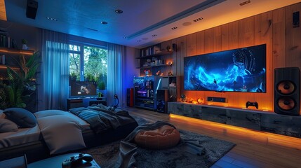 Detailed view of a gaming setup with a console, controllers, and a large screen TV, providing en