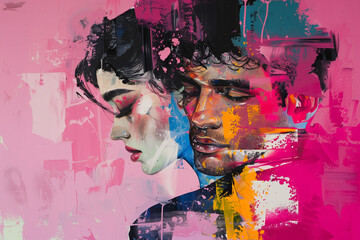 Abstract creative painting of beautiful couple, woman and man on pink background, modern art
