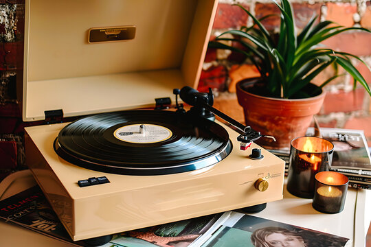 Tourne disque avec vinyle, sc&egrave;ne vintage