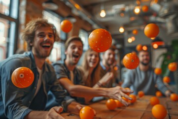 Fototapeta premium A group of friends share a laughter amid a playful moment with flying oranges in a vibrant setting
