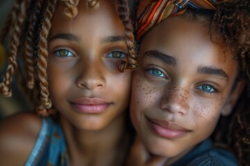 Close-up portrait of two sisters with textured hair and freckles showing sibling affection
