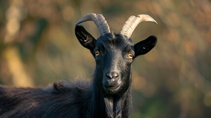 a Majestic Black Goat in a serene natural setting, The Majestic Black Goat Amidst Nature. Generative AI