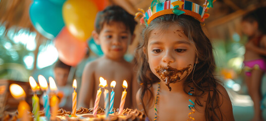 Joyful Child with Birthday Cake and Colorful Party Balloons