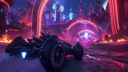 Futuristic chariot riding through a neonlit hellish domain
