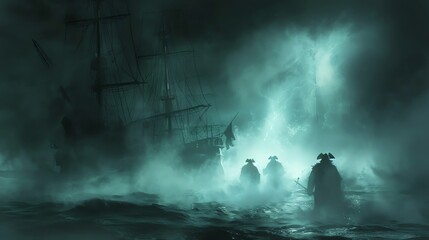 Ghostly pirates on a dark, nightmareinfused sea, eerie fog