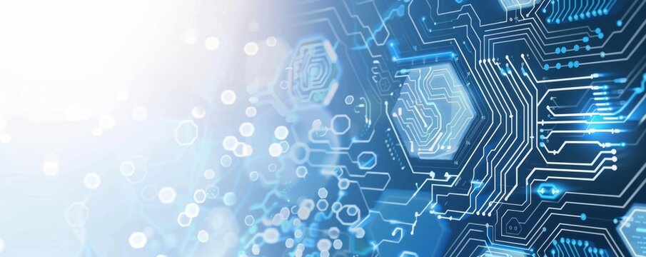 Abstract background with blue and white hexagons on the right side circuit board elements in futuristic style for technology or digital marketing banner design Generative AI