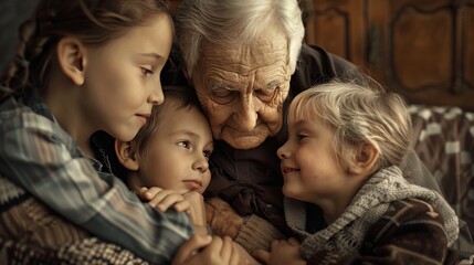 Affectionate display of love and care as an elderly couple enjoys precious moments with their children and grandchildren