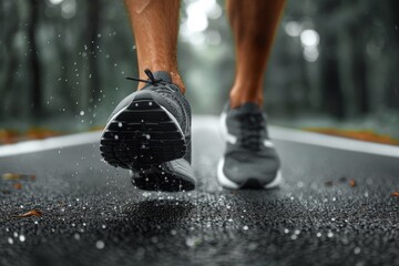 Detail shot of a jogger's sneakers hitting the wet pavement, showcasing the concept of...