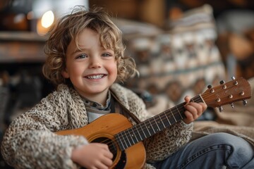 Smiling young boy playing a small guitar in a cozy indoor setting
