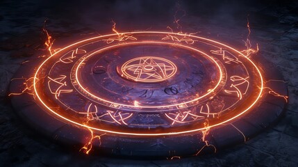 Scifi demonic summoning circle glowing with neon sigils