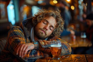 A dejected individual with tattooed arms seen slumped on a bar counter next to a partially consumed pint of beer - obrazy, fototapety, plakaty