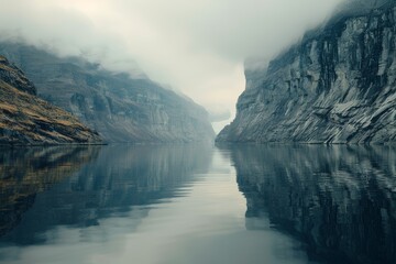 A majestic fjord landscape, with steep cliffs and glacial waters reflecting the surrounding...