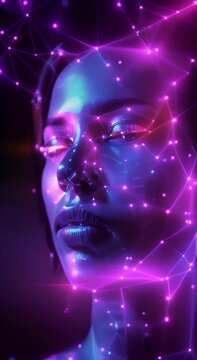 Face of a woman with biometric facial recognition and futuristic cyber circuits technology for access, verification, recognition, control or protection. Vertical Video.
