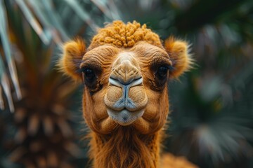 Obraz premium Crisp and clear close-up of a camel's face with a humorous expression, set against the contrasting backdrop of lush green foliage