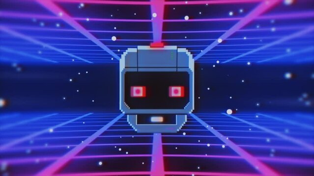 Retro cyberpunk character, VHS 80's computer style in surround of neon perspective grid, vibrant nostalgic video game art