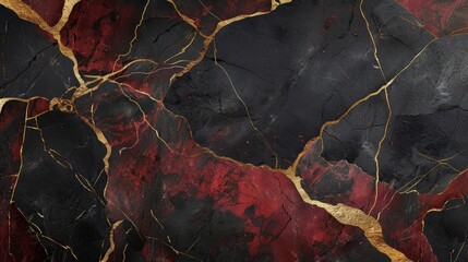 Artistic rendering of black and red marble, seamlessly integrated with gold cracks, creating an opulent backdrop