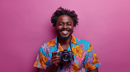 happy african american handsome man holding a camera wearing fashion white Summer Shirt on purple background