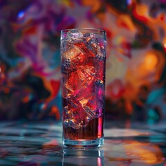 beautiful color A glass of cold fanta with ice, bubbles fizzing up cinematic